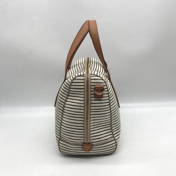 Fossil Black And White Coated Canvas Striped Convertible Sydney Satchel - Picture 4 of 11
